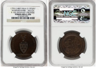 Warwickshire. Welch copper Penny Token 1795 MS61 Brown NGC, D&H-21. Edge: ON DEMAND I PROMISE. JUNGANTUR LEX ET JUSTITIA Coat of arms toped with forep...