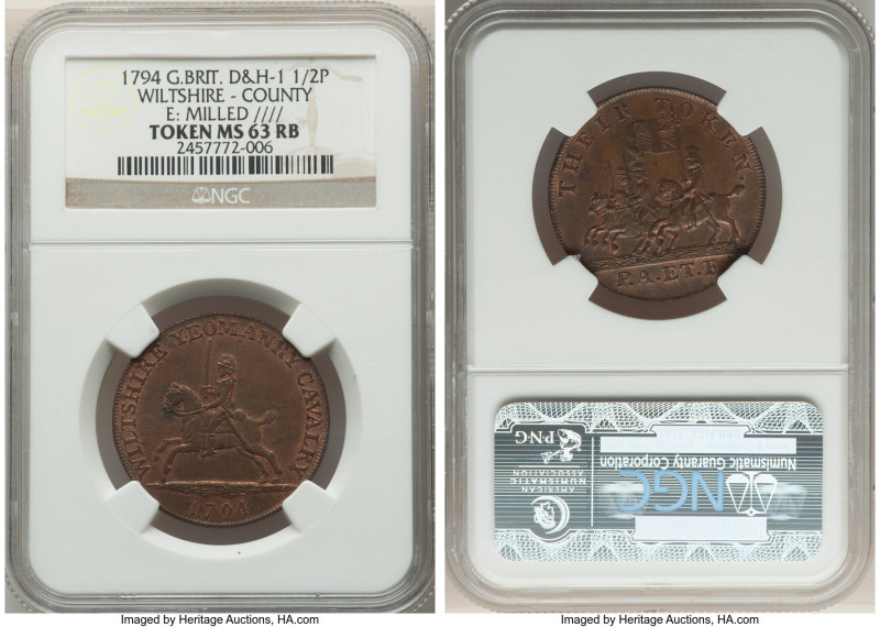 Wiltshire. County copper 1/2 Penny Token 1794 MS63 Red and Brown NGC, D&H-1. Edg...