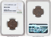 George III Farthing 1773 MS63 Brown NGC, KM602, S-3775. Quality strike with brown muted surfaces, devices and legends with partial original red surrou...