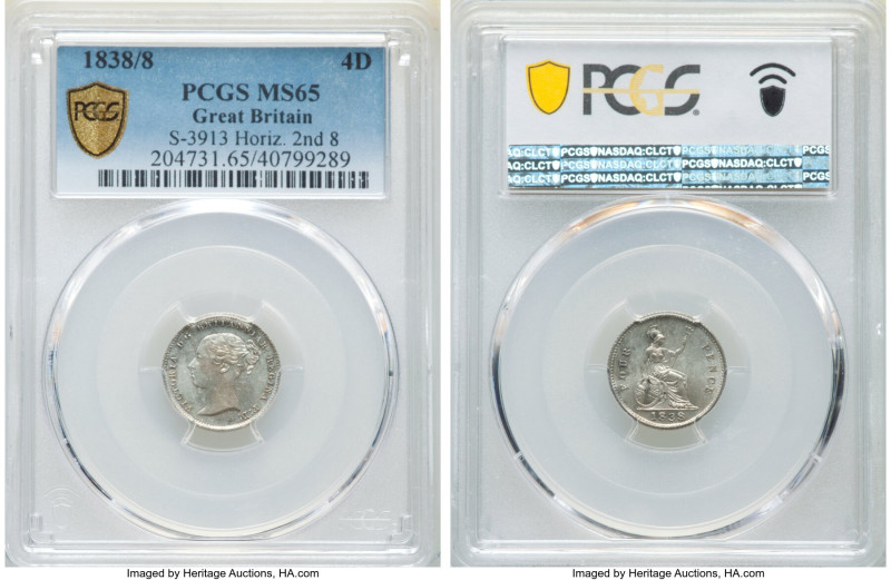 Victoria 4 Pence 1838/8 MS65 PCGS, KM731.1, S-3913. 1838 over horizontal "8" var...