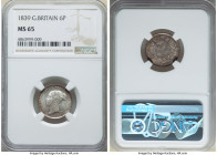 Victoria 6 Pence 1839 MS65 NGC, KM733.1, S-3908. Deserving of close attention this example has fluid glistening luster with a silver-gray and amber to...