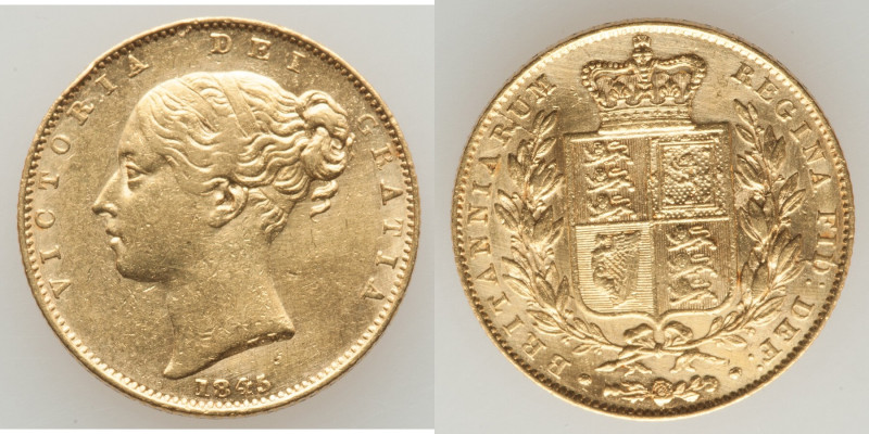 Victoria gold Sovereign 1845 AU, KM736.1, S-3852. 22mm. 8.0gm. Faces up particul...