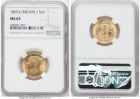 Victoria gold Sovereign 1869 MS63 NGC, KM736.2, S-3853. Die #11. Boasting an entrancing satin finish that rolls with mint brilliance and conservativel...