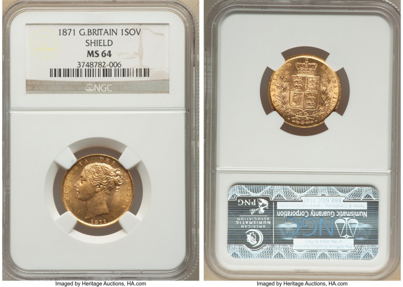 Victoria gold "Shield" Sovereign 1871 MS64 NGC, KM752, S-3856. Die #26. Dazzling...