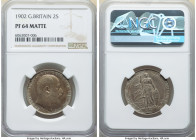 Edward VII Matte Proof Florin 1902 PR64 NGC, KM801, S-3981. Mintage: 15,000. Toned with a lead colored center and silver-sage peripheral. 

HID0980124...
