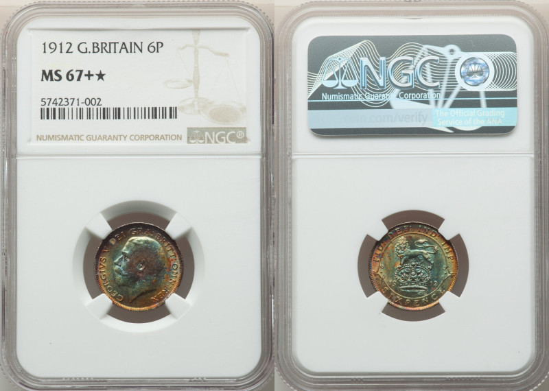 George V 6 Pence 1912 MS67+ S NGC, KM815. Stunning patina that favors scarlet, a...