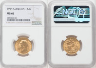 George V gold Sovereign 1914 MS63 NGC, KM820, Fr-404. 

HID09801242017

© 2022 Heritage Auctions | All Rights Reserved