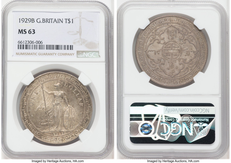 George V Trade Dollar 1929-B MS63 NGC, Bombay mint, KM-T5, Prid-26. Ash-gray and...