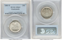 Republic 25 Centavos 1881-E MS63 PCGS, Guatemala City mint, KM205.1. First year of type. Justice seated left with scales and cornucopia. Lightly toned...