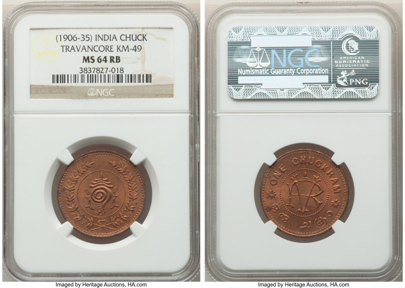 Travancore. Rama Varma VI Chuckram ND (1906-1935) MS64 Red and Brown NGC, KM49. ...