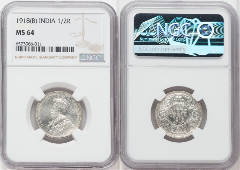 British India. George V 1/2 Rupee 1918-(b) MS64 NGC, Bombay mint, KM522. 

HID09...