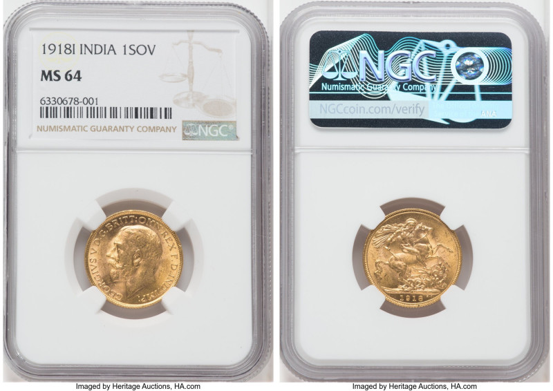 British India. George V gold Sovereign 1918-I MS64 NGC, Bombay mint, KM-A525, S-...