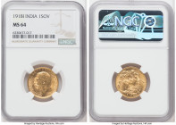 British India. George V gold Sovereign 1918-I MS64 NGC, Bombay mint, KM-A525, S-3998. Supporting lustrous aurous surfaces. 

HID09801242017

© 2022 He...