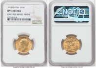 British India. George V gold Sovereign 1918-I UNC Details (Obverse Wheel Mark) NGC, Bombay mint, KM-A525, S-3998. Muted luster with lightly toned surf...