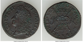 James II Gunmoney 1/2 Crown 1690 XF (Residue), KM101, S-6580B. Issued in May 1690. 28.7mm. 9.27gm. Deep onyx-brown color with bold strike. Comes with ...