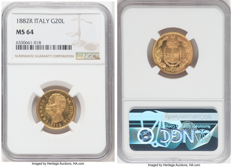 Umberto I gold 20 Lire 1882-R MS64 NGC, Rome mint, KM21, Fr-21. Crisp strike wit...