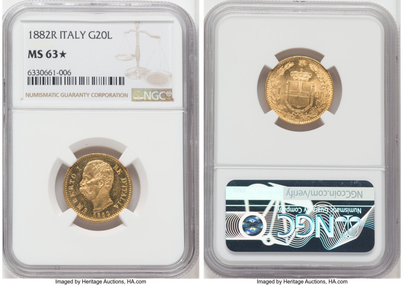 Umberto I gold 20 Lire 1882-R MS63 S NGC, Rome mint, KM21, Fr-21. Ample mint fro...