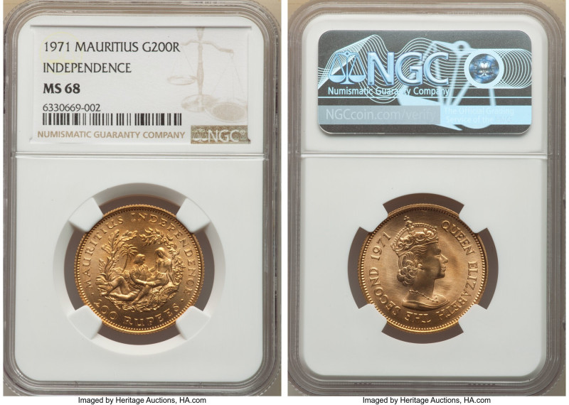 British Colony. Elizabeth II gold "Independence" 200 Rupees 1971 MS68 NGC, Royal...