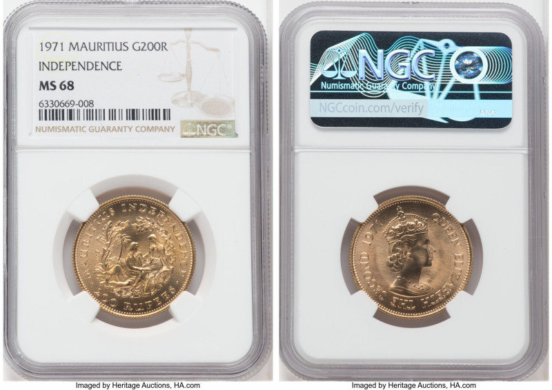 British Colony. Elizabeth II gold "Independence" 200 Rupees 1971 MS68 NGC, Londo...