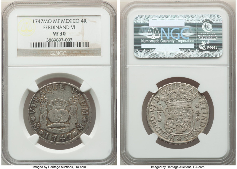 Ferdinand VI 4 Reales 1747 Mo-MF VF30 NGC, Mexico City mint, KM95. Boldly struck...