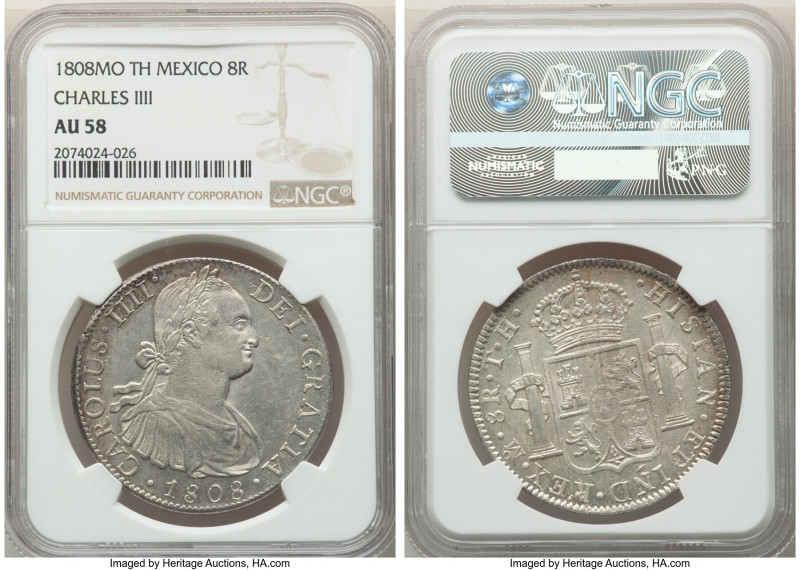 Charles IV 8 Reales 1808 Mo-TH AU58 NGC, Mexico City mint, KM109. Lustrous with ...