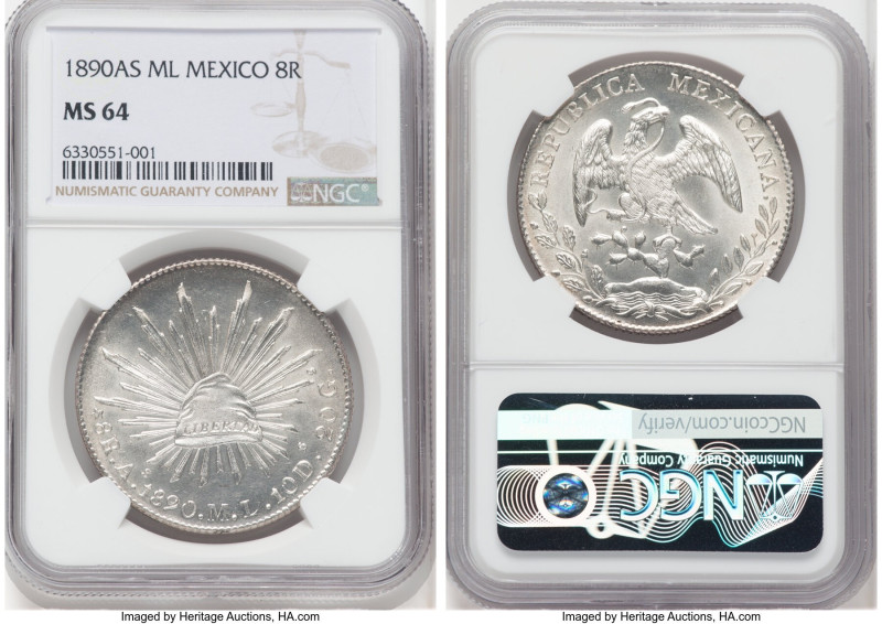 Republic 8 Reales 1890 As-ML MS64 NGC, Alamos mint, KM377, DP-As30. An astonishi...