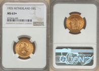 Wilhelmina gold 10 Gulden 1925 MS63+ NGC, Utrecht mint, KM162, Fr-351. Frosted satin fields with muted mint bloom. 

HID09801242017

© 2022 Heritage A...