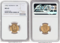 Oscar II gold 10 Kroner 1902 MS62 NGC, Kongsberg mint, KM358, Fr-18. Second year of this fleeting two-year type, with ample luster. 

HID09801242017

...