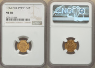 Spanish Colony. Isabel II gold Peso 1861 VF30 NGC, Manila mint, KM142, Fr-3. First year of type. 

HID09801242017

© 2022 Heritage Auctions | All Righ...
