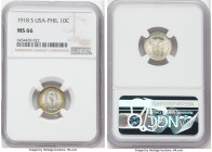 USA Administration 10 Centavos 1918-S MS66 NGC, San Francisco mint, KM169. A delightful Gem representative of this fractional denomination, with olive...