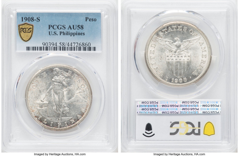 USA Administration Peso 1908-S AU58 PCGS, San Francisco mint, KM172. Remarkably ...