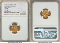 Catalonia. Enrique IV gold 1/2 Florin ND (1462-1464) AU55 NGC Barcelona mint, Fr-24a.2. 1.74gm. S IOHANNES B St. John standing facing with halo and sc...