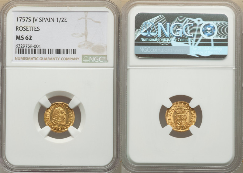 Ferdinand VI gold 1/2 Escudo 1757 S-JV MS62 NGC, Seville mint, KM374. Rosettes. ...