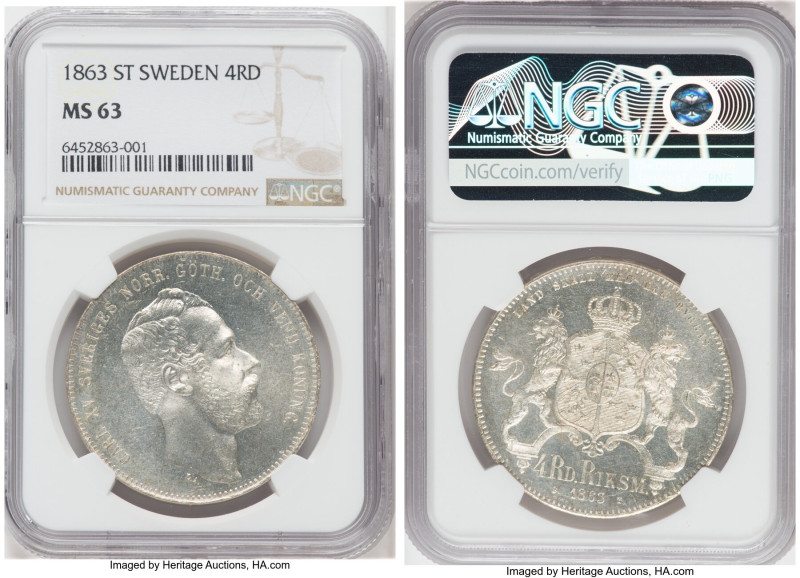 Carl XV Adolf Riksdaler Specie (4 Riksdaler Riksmynt) 1863-ST MS63 NGC, Stockhol...