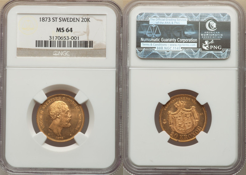 Oscar II gold 20 Kronor 1873-ST MS64 NGC, Stockholm mint, KM733. Aesthetically p...