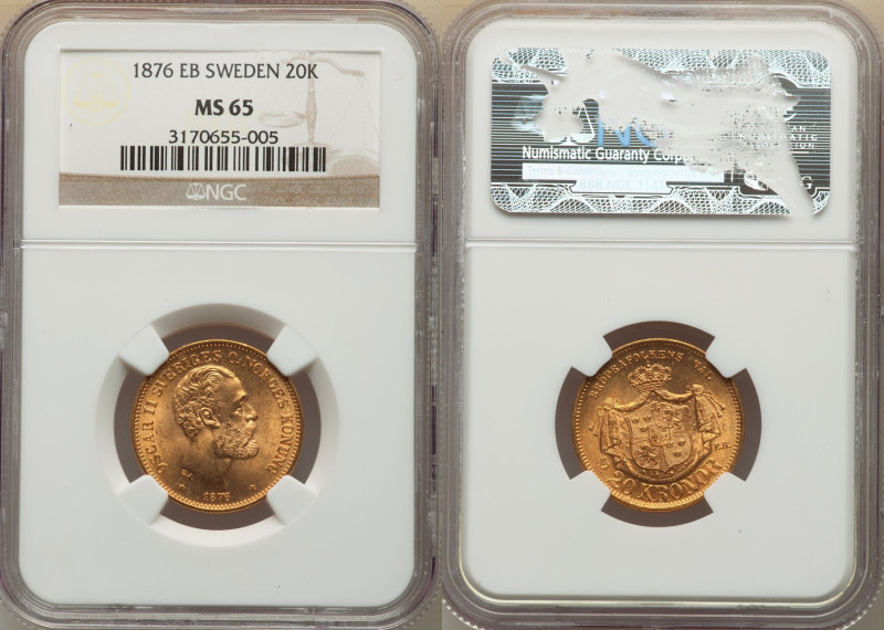 Oscar II gold 20 Kronor 1876-EB MS65 NGC, Stockholm mint, KM744, Fr-93. Two year...