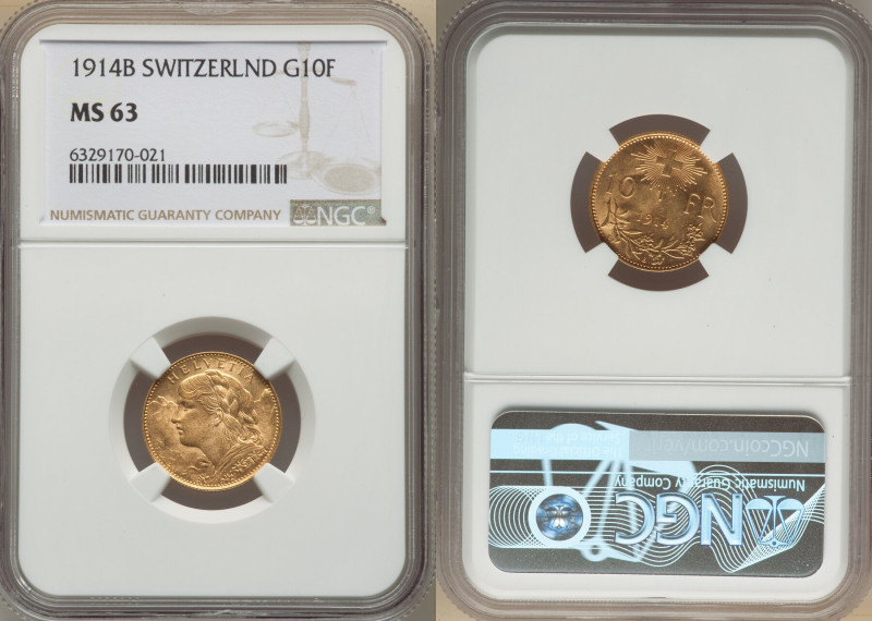 Confederation gold 10 Francs 1914-B MS63 NGC, Bern mint, KM36, Fr-504. 

HID0980...