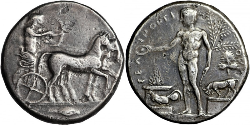 Sicily, Selinos AR Tetradrachm, c. 455-415 BC.
Obv. Artemis driving slow quadri...