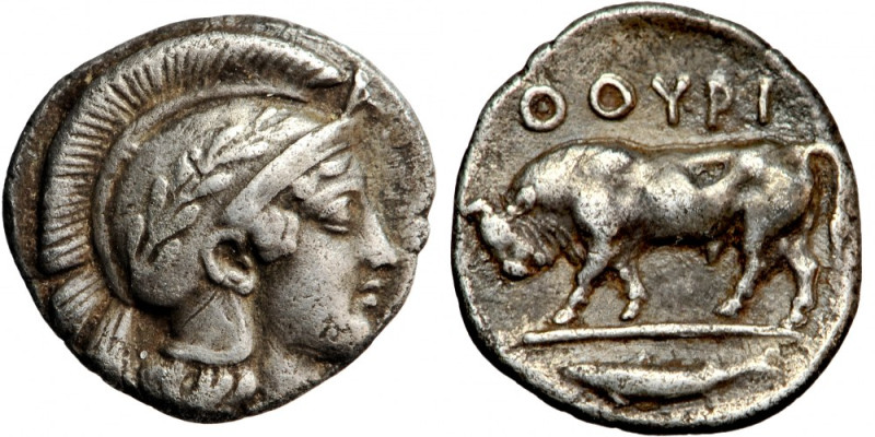 Lucania, Thurium, Diobol, c. 443-400 BC.
Obv. Head of Athena r., wearing creste...
