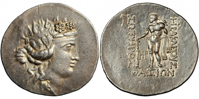 Thrace, Thasos, tetradrachm, c. 120 B.C.
Av. Head of Dionysos r. wreathed with ...
