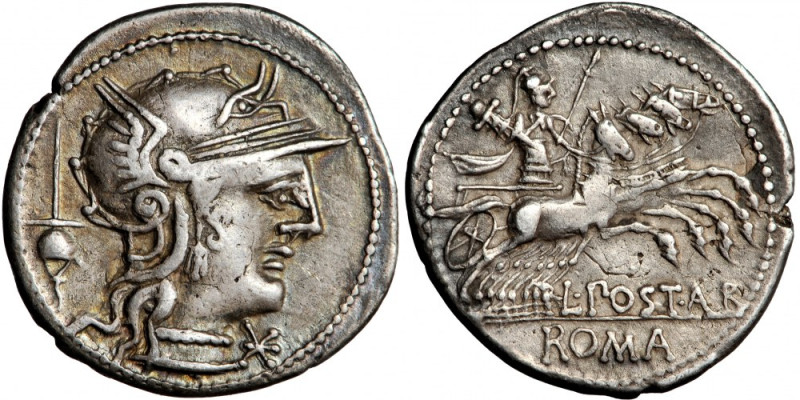 Roman Republic, L. Postumius Albinus, AR Denarius, 131 BC, Rome mint.
Obv. Helm...