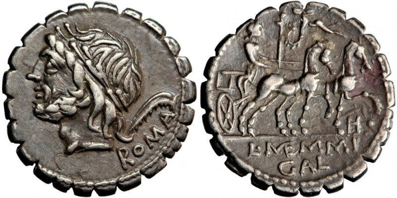 Roman Republic, L. Memmius Galeria, AR Serrate Denarius, 106 BC, Rome mint.
Obv...
