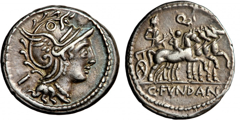 Roman Republic, C. Fundanius, AR Denarius, ca. 101 BC, Rome mint.
Obv. Helmeted...