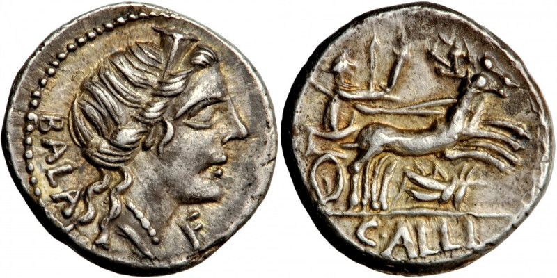 Roman Republic, C. Allius Bala, AR Denarius, 92 BC, Rome mint.
Obv. head of Dia...