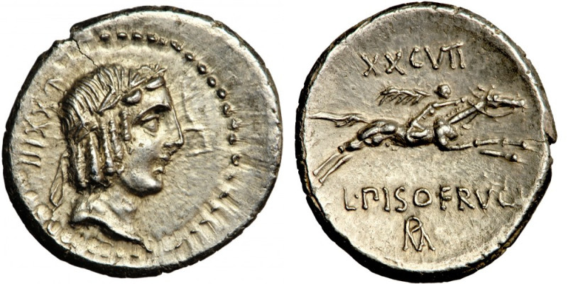 Roman Republic, L. Calpurnius Piso Frugi, AR Denarius, 90 BC, Rome mint.
Av. he...