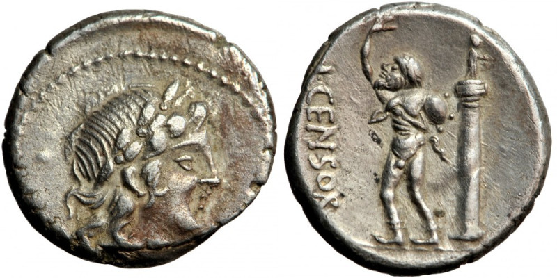 Roman Republic, L. Censorinus. 82 BC. AR Denarius, Rome mint.
Obv. Laureate hea...