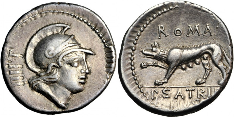 Roman Republic, P. Satrienus, Denarius, 77 BC, mint of Rome.
Obv. head of Roma,...