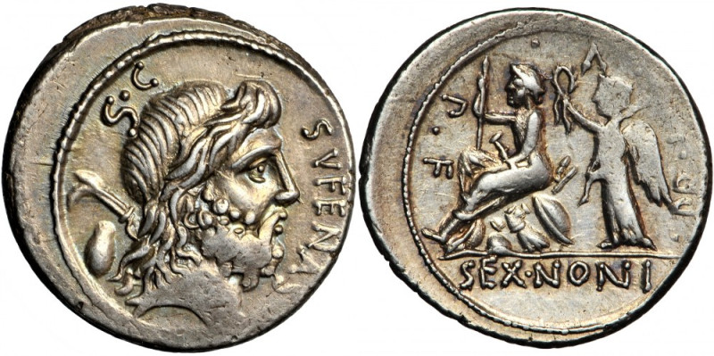 Roman Republic, M. Nonius Sufenas, AR Denarius, 57 BC, Rome mint.
Obv. SVFENAS ...