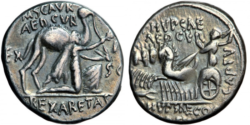 Roman Republic, M Aemilius Scaurus & P Plautius Hypsaeus, AR Denarius. 58 BC. Ro...