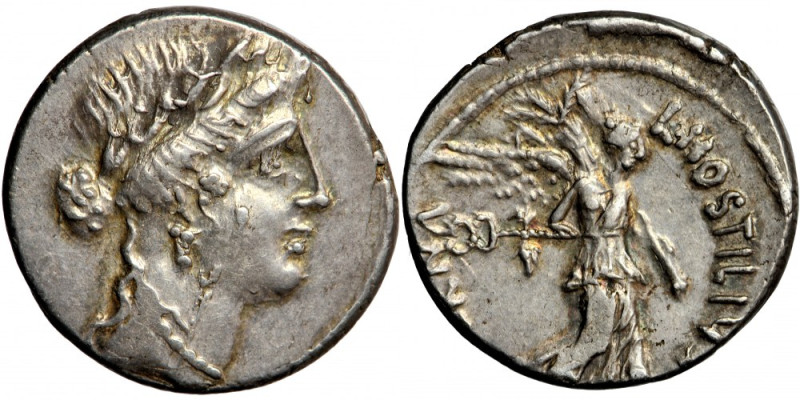Roman Republic, L. Hostilius Saserna. Denarius, 48 BC, mint of Rome.
Obv. Femal...